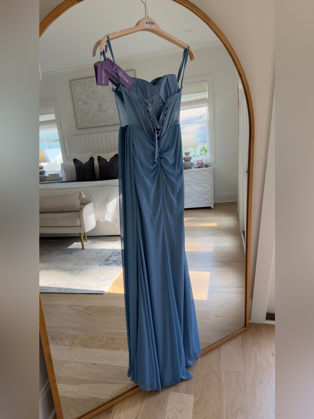 Blake Cinderella Sky Blue Strapless Ruched Gown with Side Drape - Picture 9 of 13